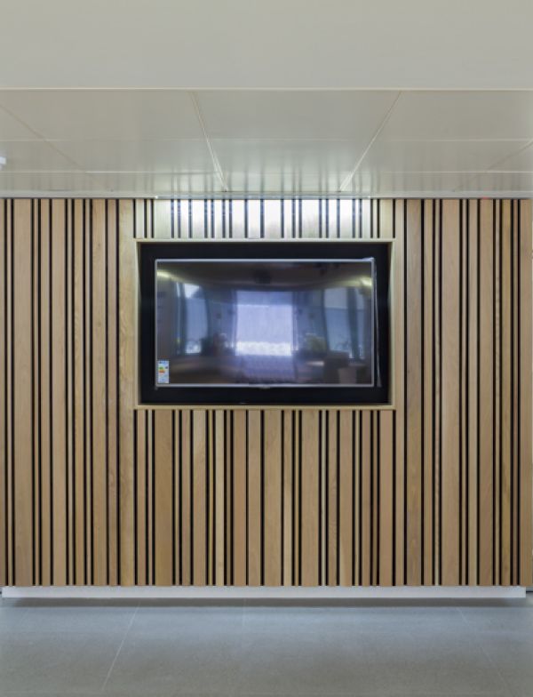 Wooden slatted walls by BCL Timber at Boldrewood Campus, University of Southampton