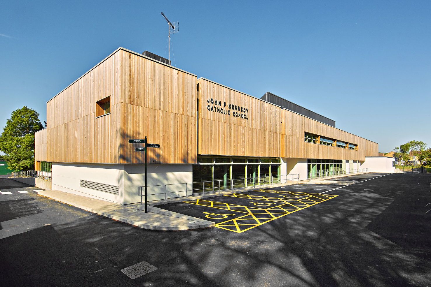 view of BCL timber cladding wooden slatted panels installed at The John F Kennedy School in Hemel Hempstead