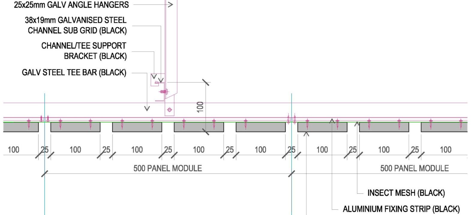2D CAD drawing detail showing CS-1 suspension grid for BCL Timber slat Ceiling panel system