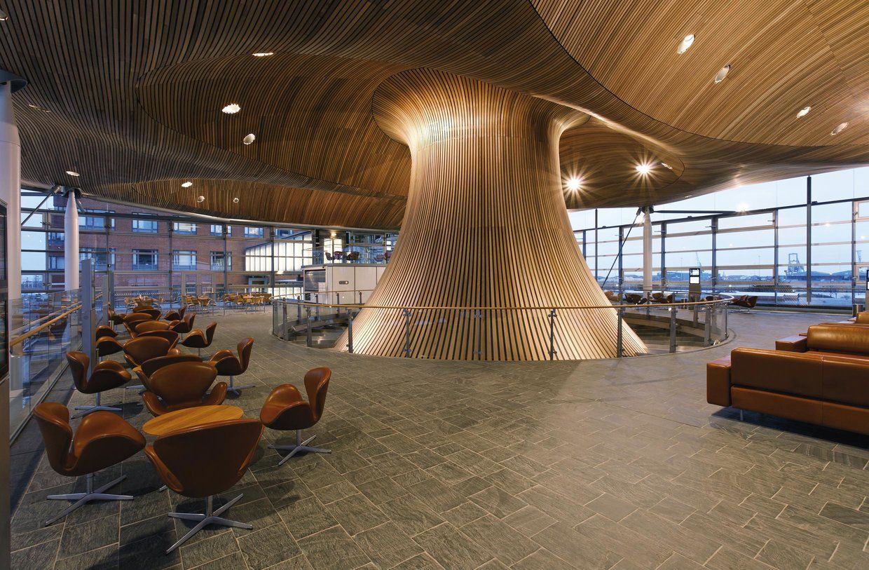 internal photo of the BCL timber slat ceilings & acoustic wooden slatted panels installed within the upper atrium at The Senedd Welsh Assembly Building in Cardiff 