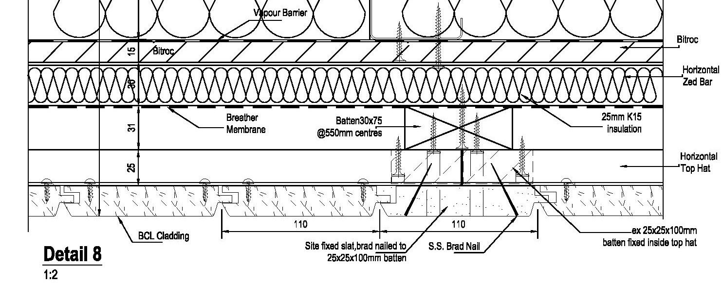 Technical 2D CAD drawing of the 'Cover Batten' fixing method for BCL timber cladding panels using solid wood slats.