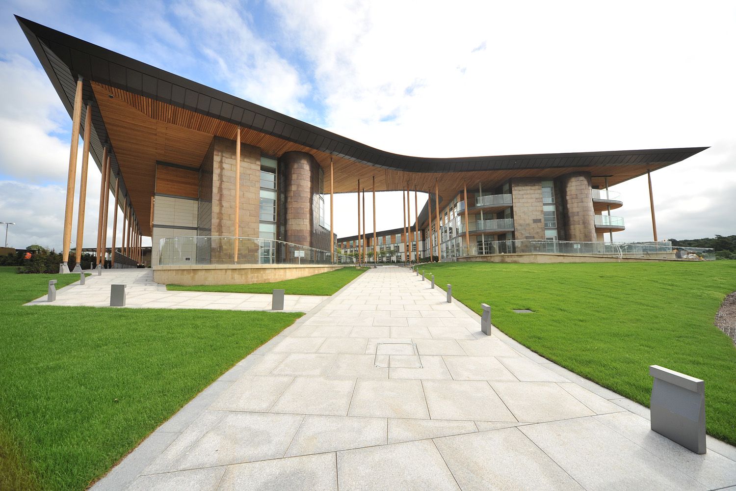 View of the Siberian Larch external timber cladded ceilings by BCL Timber, installed at St. George's Park National FA Centre in Burton-on-Trent 