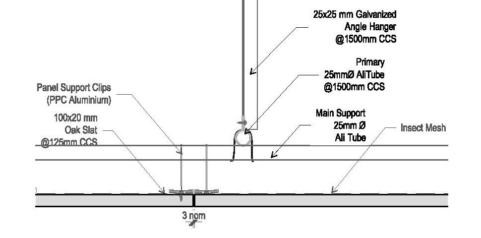 2D CAD drawing of a CF-1 support grid as part of the BCL timber slatted ceilings and wooden soffit panels