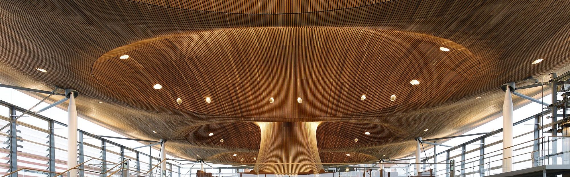 View of a BCL Acoustic Timber Ceiling using Western Red Cedar installed at The Senedd Welsh Assembly Building in Cardiff 