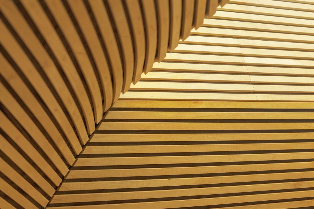 close up image of timber slats in a BCL acoustic wood ceiling system at UCL Cruciform Hub, London