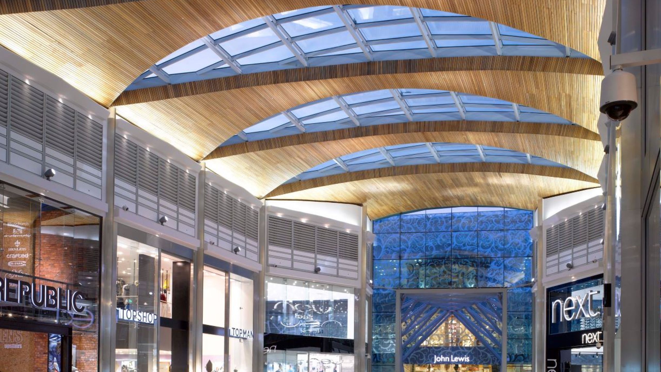BCL wooden slatted ceilings at Leicester Highcross Mall