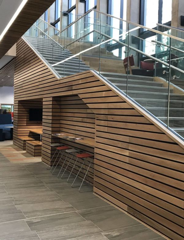 BCL Timber Clad Walls under stairs at Science and Health Building, Coventry University