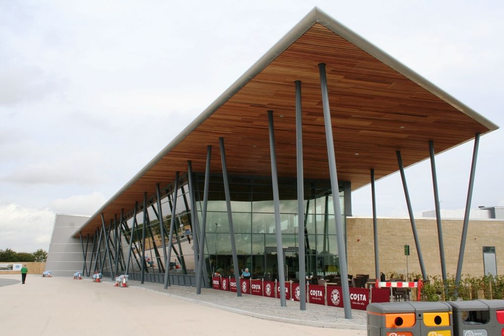 View of BCL Timber's Western Red Cedar external soffit panels used on the MOTO Service Station at Wetherby