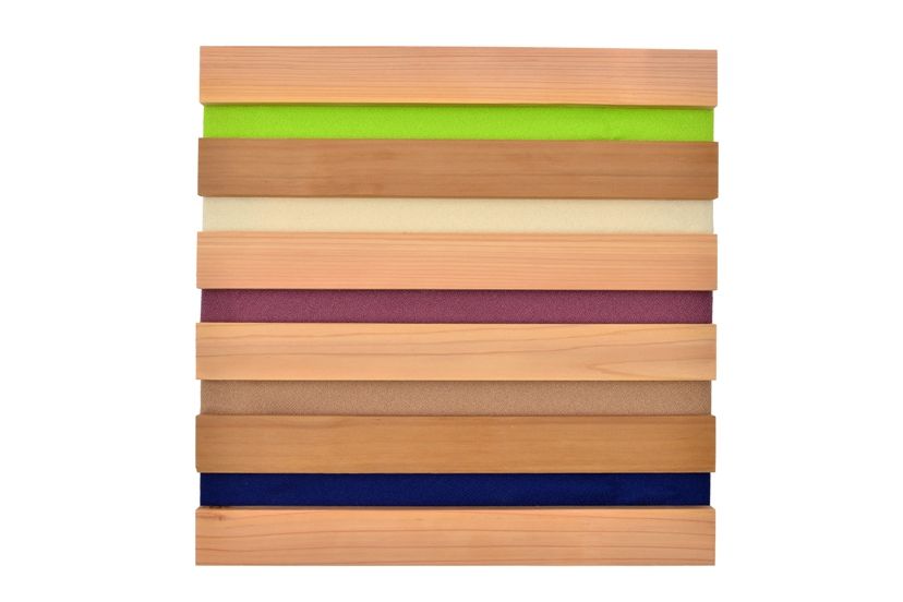 BCL timber panel in Western Red Cedar & multi coloured fabric 