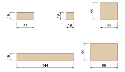 Technical drawing image in 2D, showing examples of slat sizes available in the BCL wood slat panel system for timber cladding external walls.