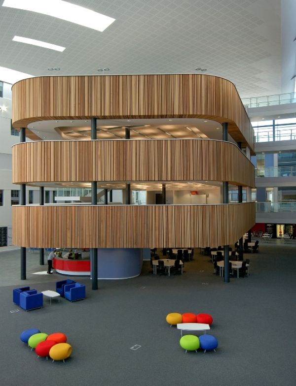 wooden slatted panels at Walsall College of Art & Tech by BCL 