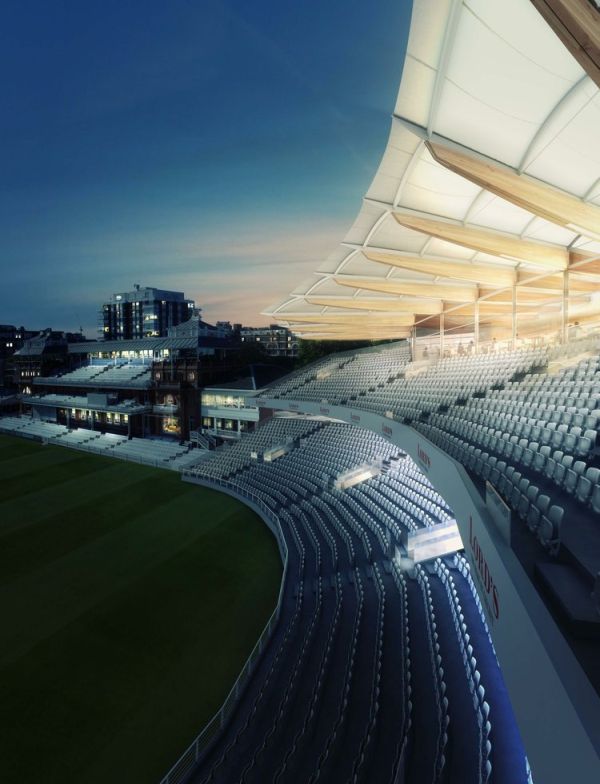 Night time view of Warner Stand at Lord's with BCL timber cladding panels