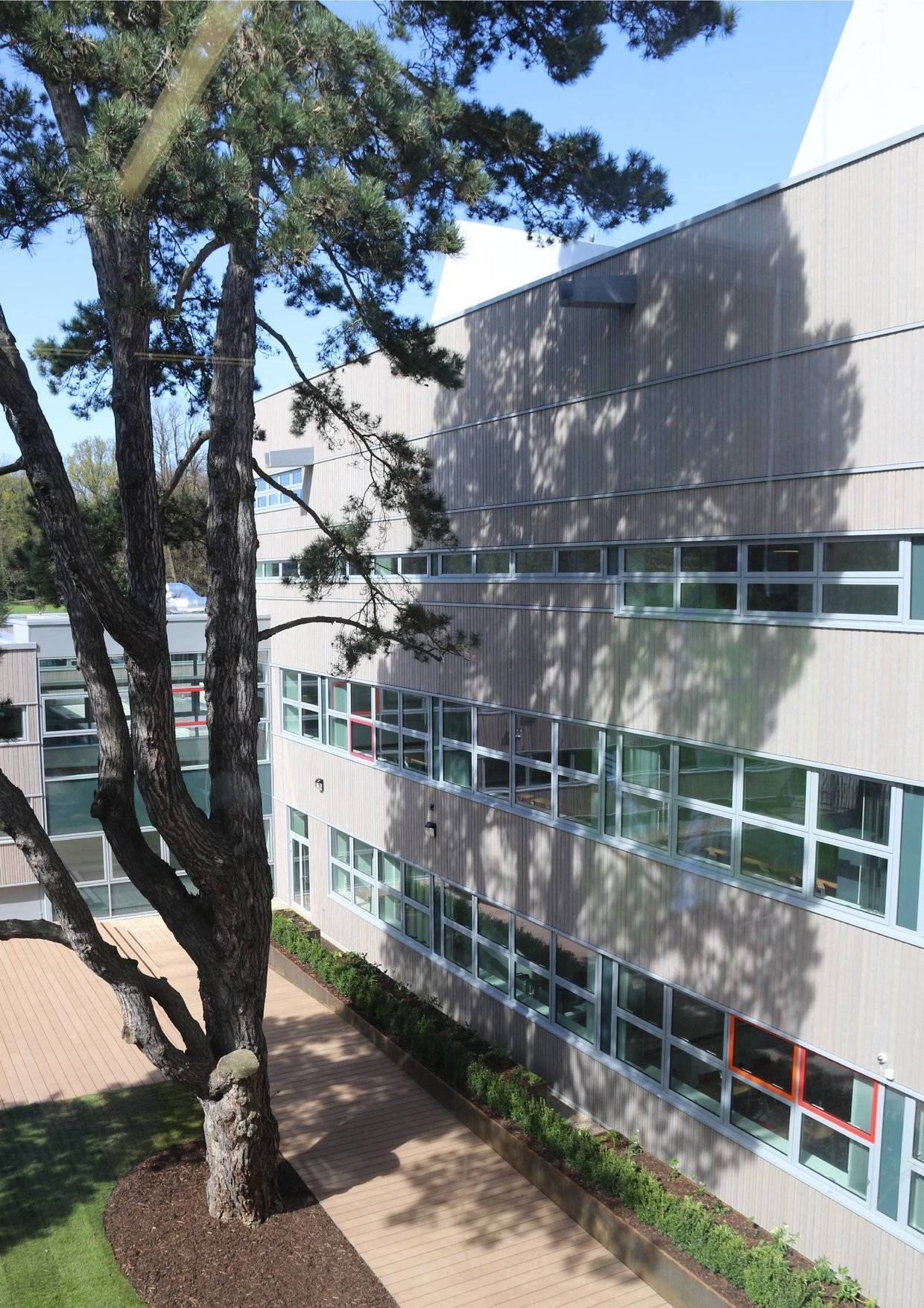 Grey pre-weathered look external timber cladding by BCL Timber Projects at Mid Kent College