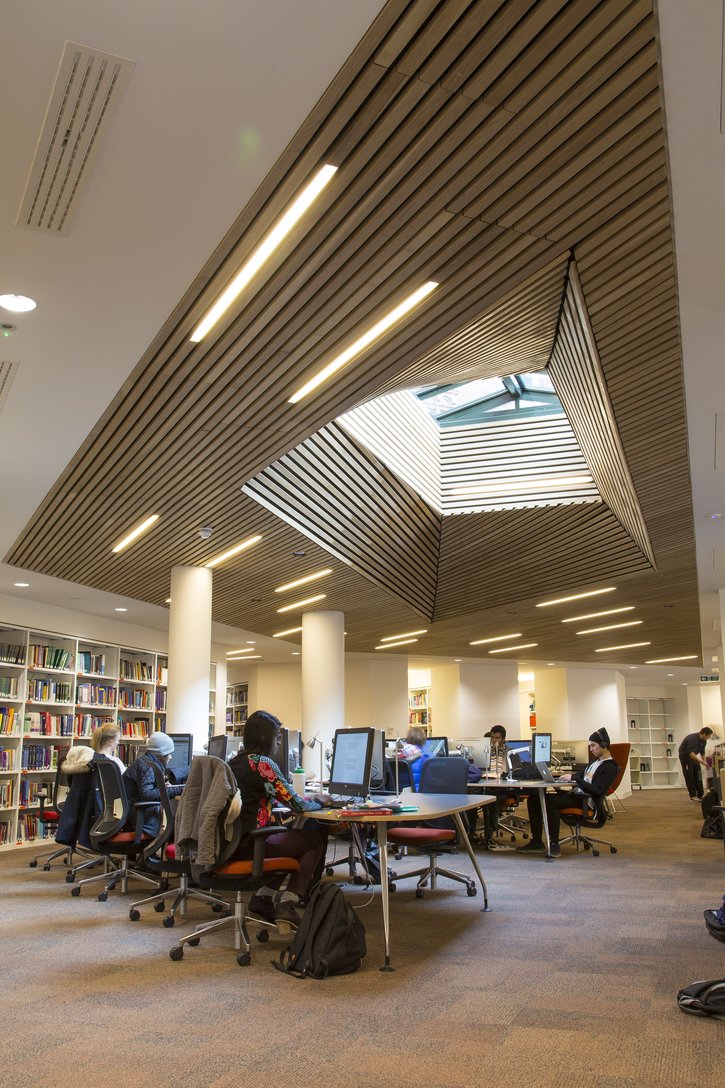 Wooden Ceilings in geometric deisgn around skylight in Cruciform Hub at UCL