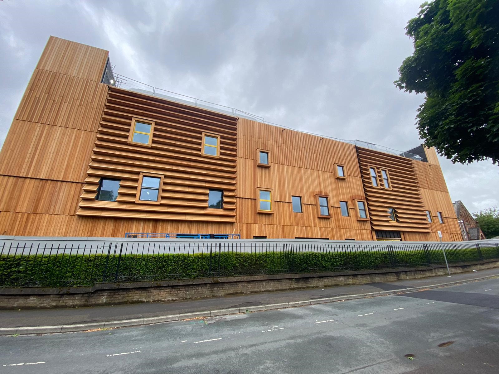 External elevation of BCL timber slatted panels at YSJU