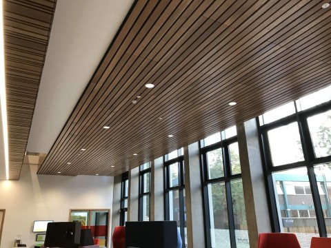 Wooden slat ceilings downstairs at The Science and Health Building at Coventry University