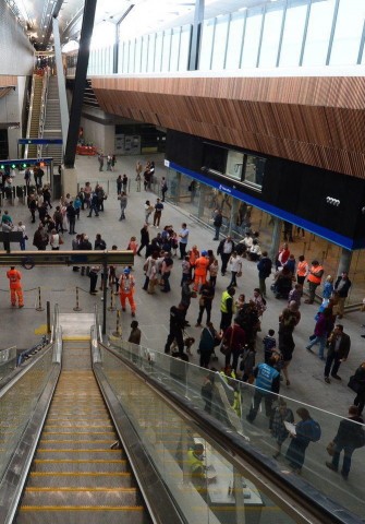 View from top of escaltor at London Bridge Train Station of BCL timber slat ceilings