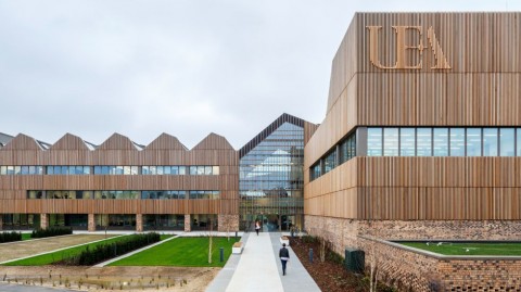 Norwich Medcial Research Building covered in external timber slat panels