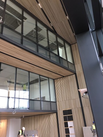 Oxford Science Park external timber slat walls and soffits entranceway in progress by BCL