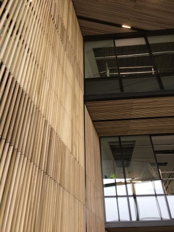 Oxford Science Park external timber slat walls in progress by BCL