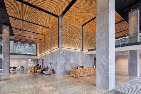 Wide angle view of slatted timber ceilings and walls at Thames Tower Rennovation